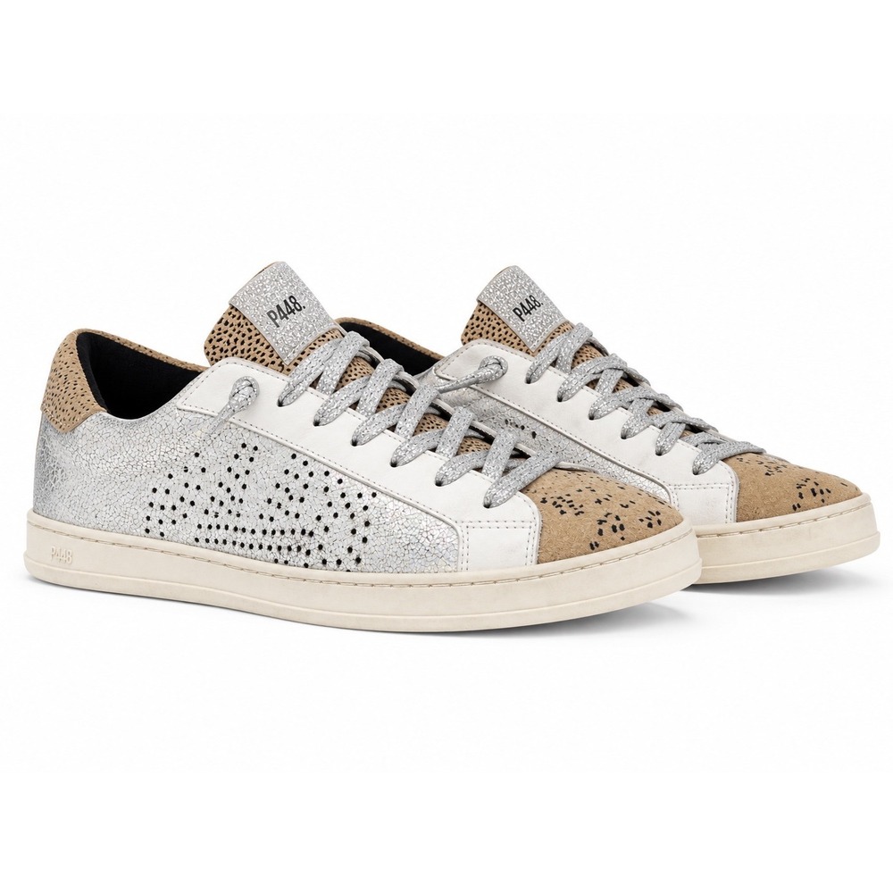 P448 John Sneakers Womens 38 8 Silver Metallic Leopard Print Iridescent Italian